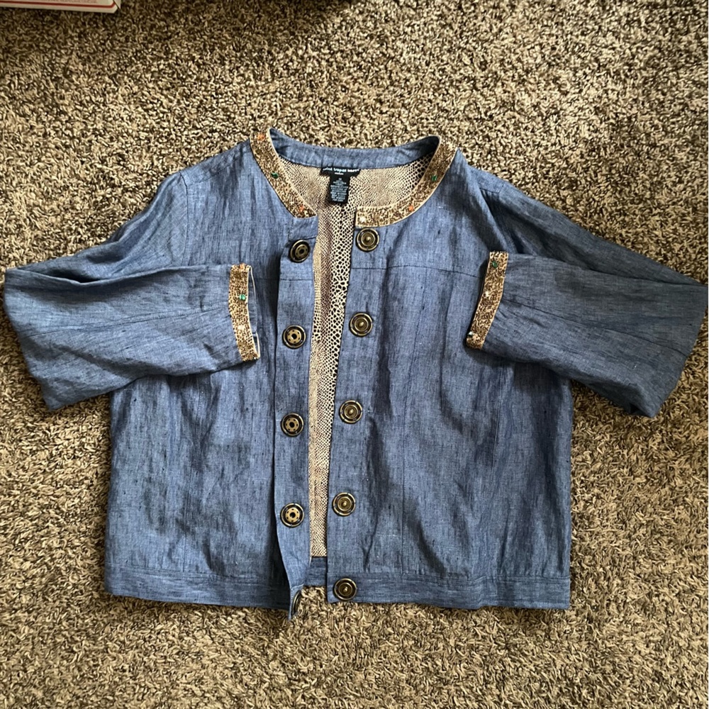 Saint Tropez West Blue Women’s 100%Linen jacket. Poly lining w/ Embroidery sz 1x